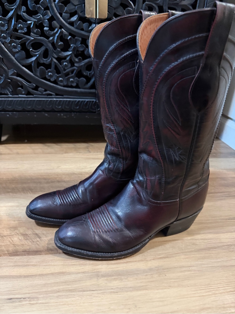 Vintage Lucchese Gavin Black Cherry Goatskin Western Cowboy Boots 9D handmade - Picture 4 of 16